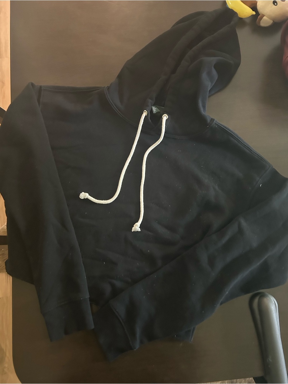 Black cropped Hooded Sweatshirt with Drawstrings